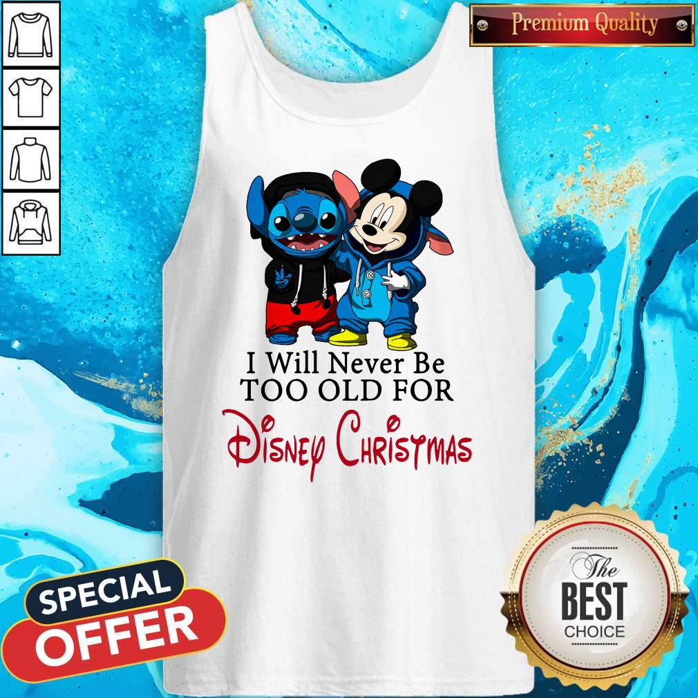 Premium Stitch And Mickey Mouse I Will Never Be Too Old For Disney Christmas Shirt - Image 4
