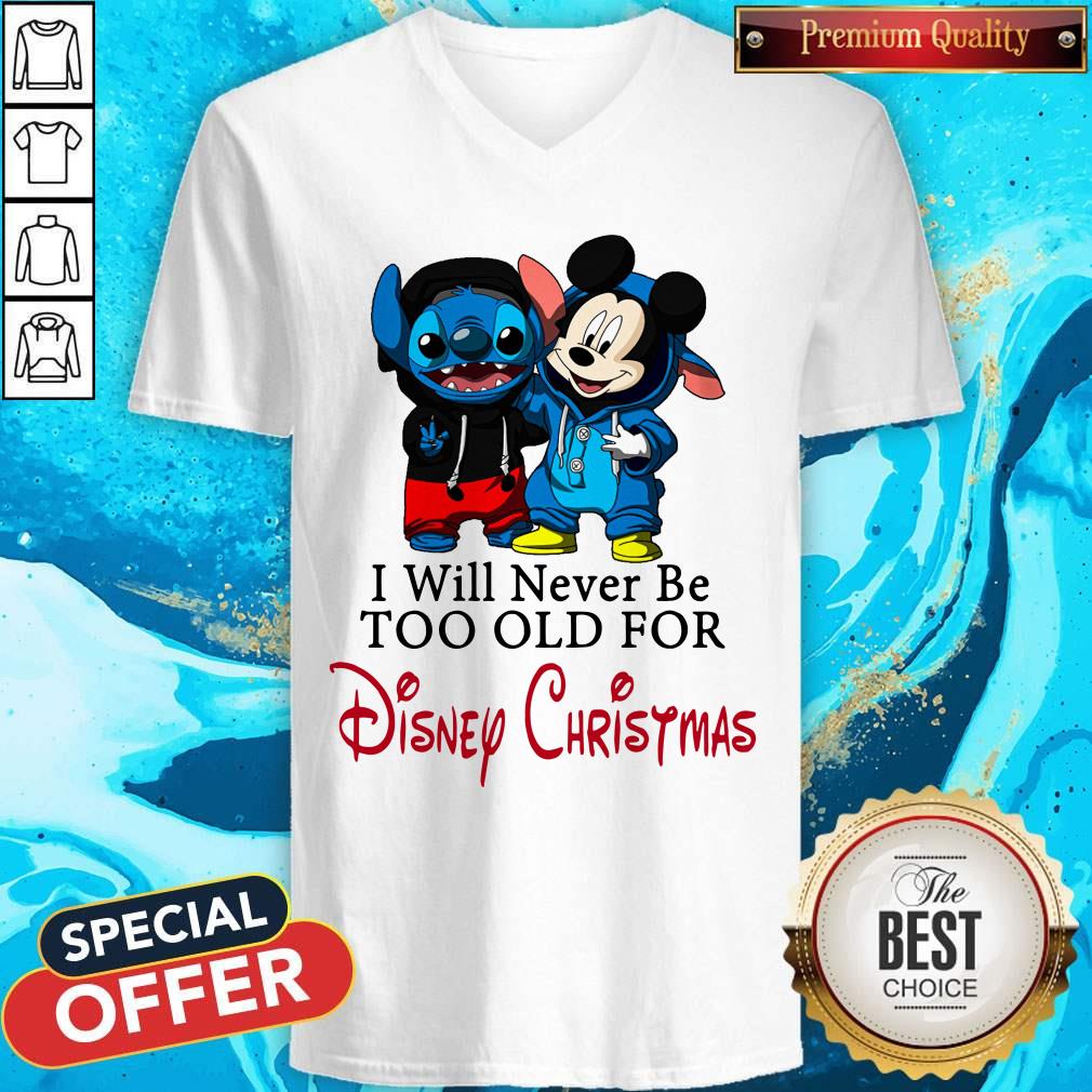 Premium Stitch And Mickey Mouse I Will Never Be Too Old For Disney Christmas Shirt - Image 5