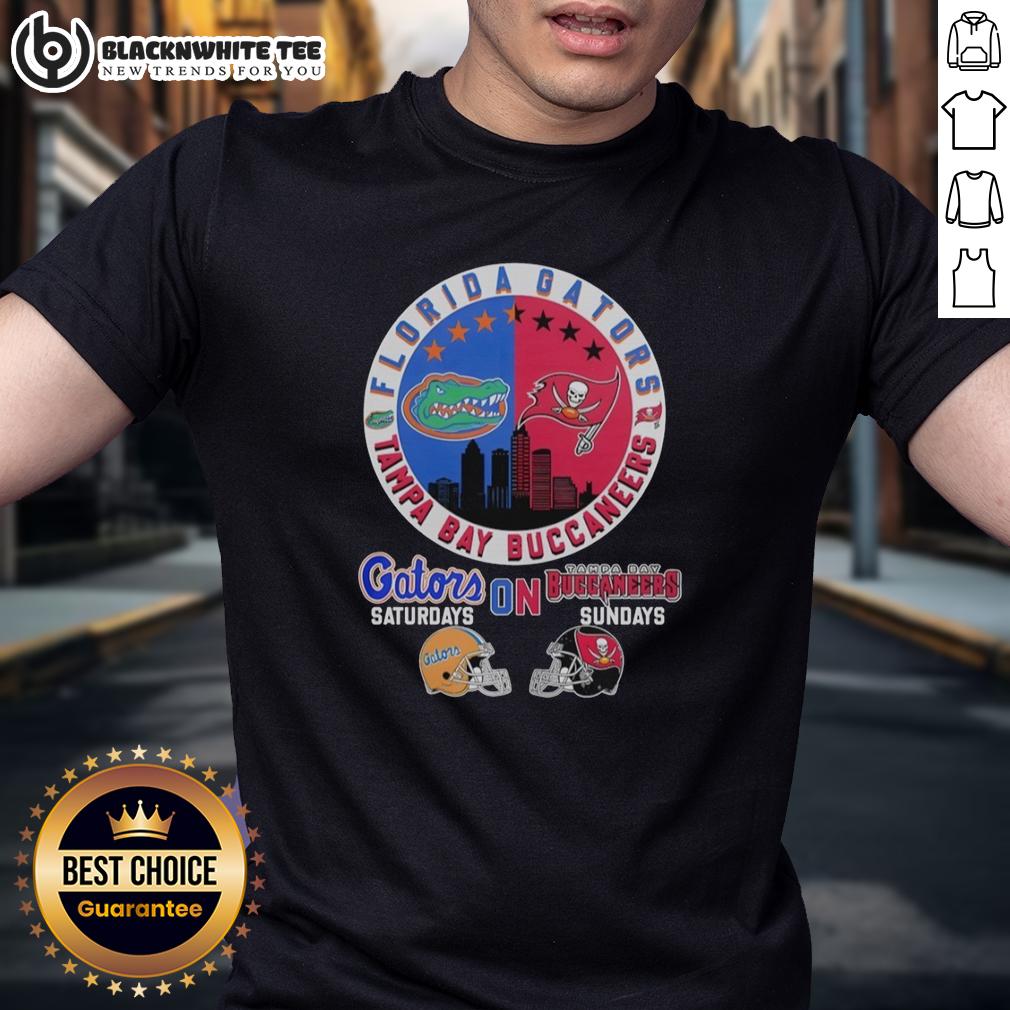 Official Florida Gators On Saturdays And Tampa Bay Buccaneers On Sundays Helmet Logo Mashup Shirt