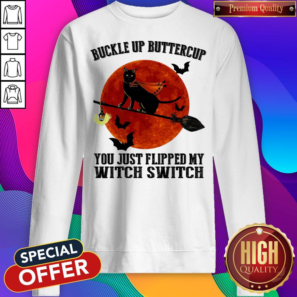 Buckle Up Buttercup You Just Flipped My Witch Switch Cat Sunset Halloween Shirt - Image 2