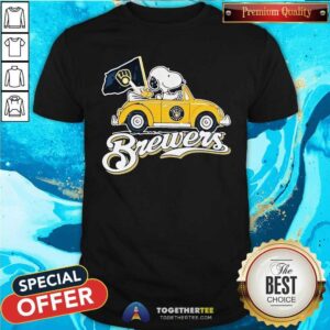 Premium Snoopy Drives Car With Milwaukee Brewers Flag T-Shirt