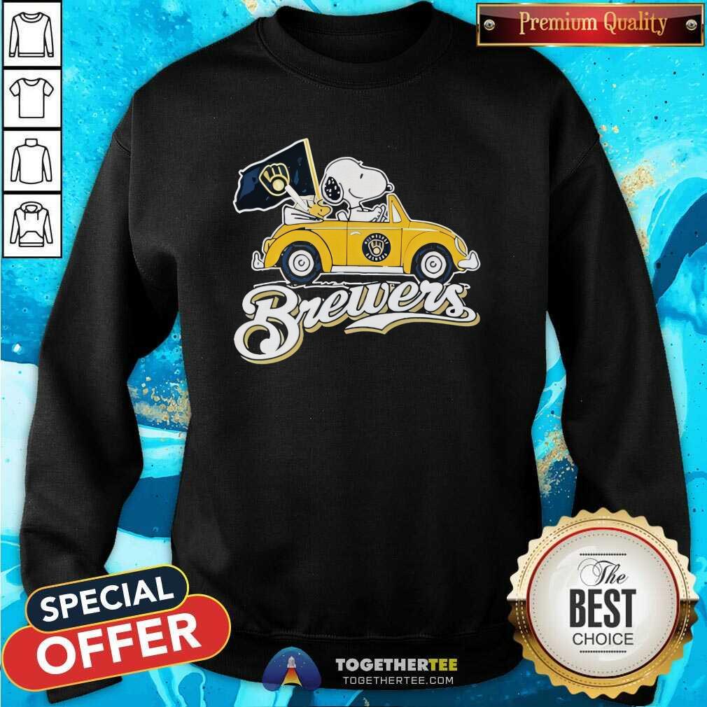 Premium Snoopy Drives Car With Milwaukee Brewers Flag T-Shirt - Image 2