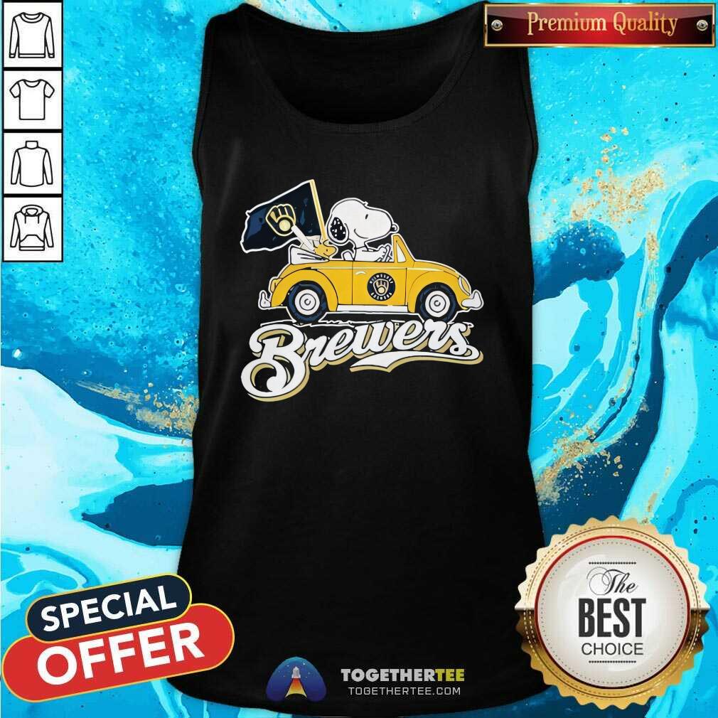 Premium Snoopy Drives Car With Milwaukee Brewers Flag T-Shirt - Image 5