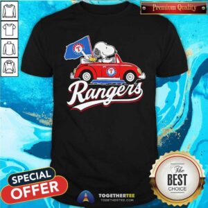 Official Snoopy Drives Car With Texas Rangers Flag T-Shirt