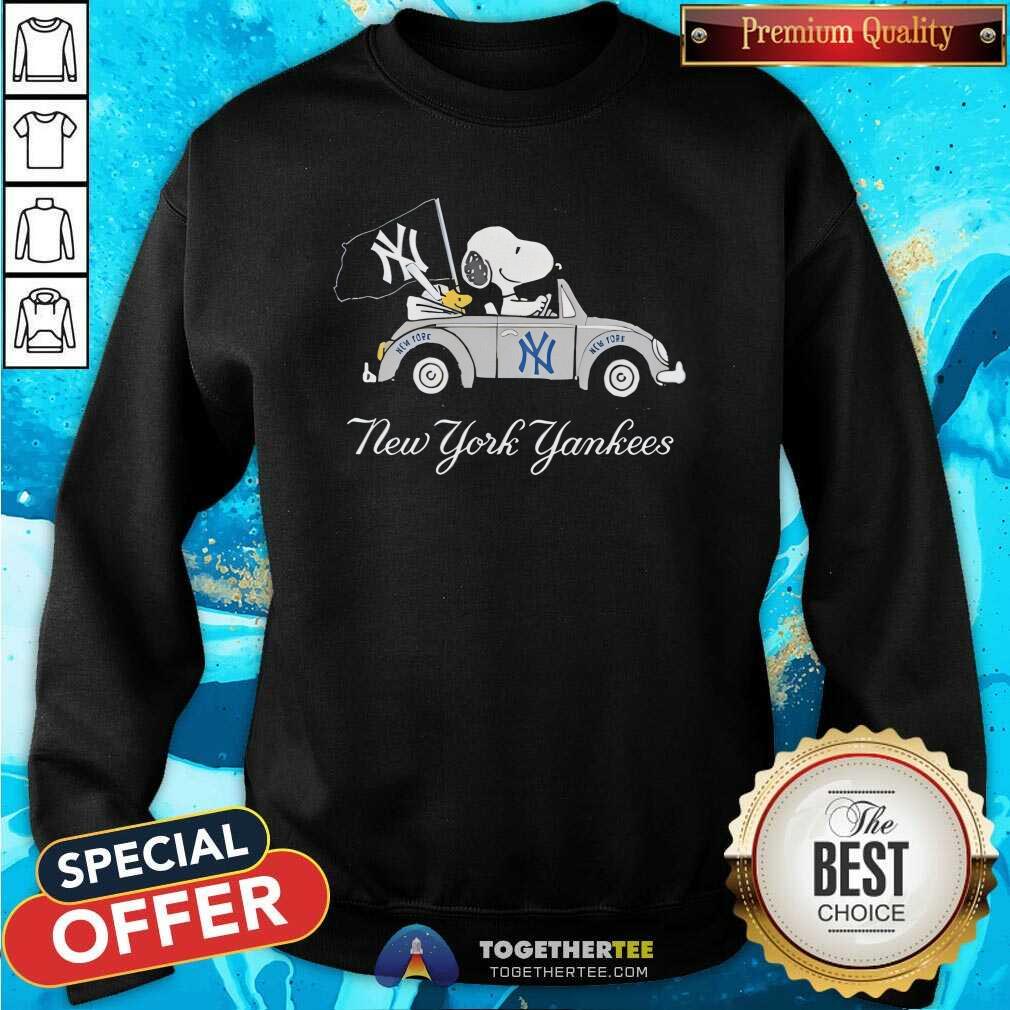 Original Snoopy Drives Car With New York Yankees Flag T-Shirt - Image 3