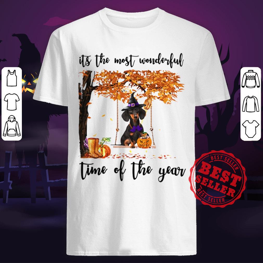 Halloween Witch Dachshund Its The Most Wonderful Time Of The Year Leaves Tree Shirt
