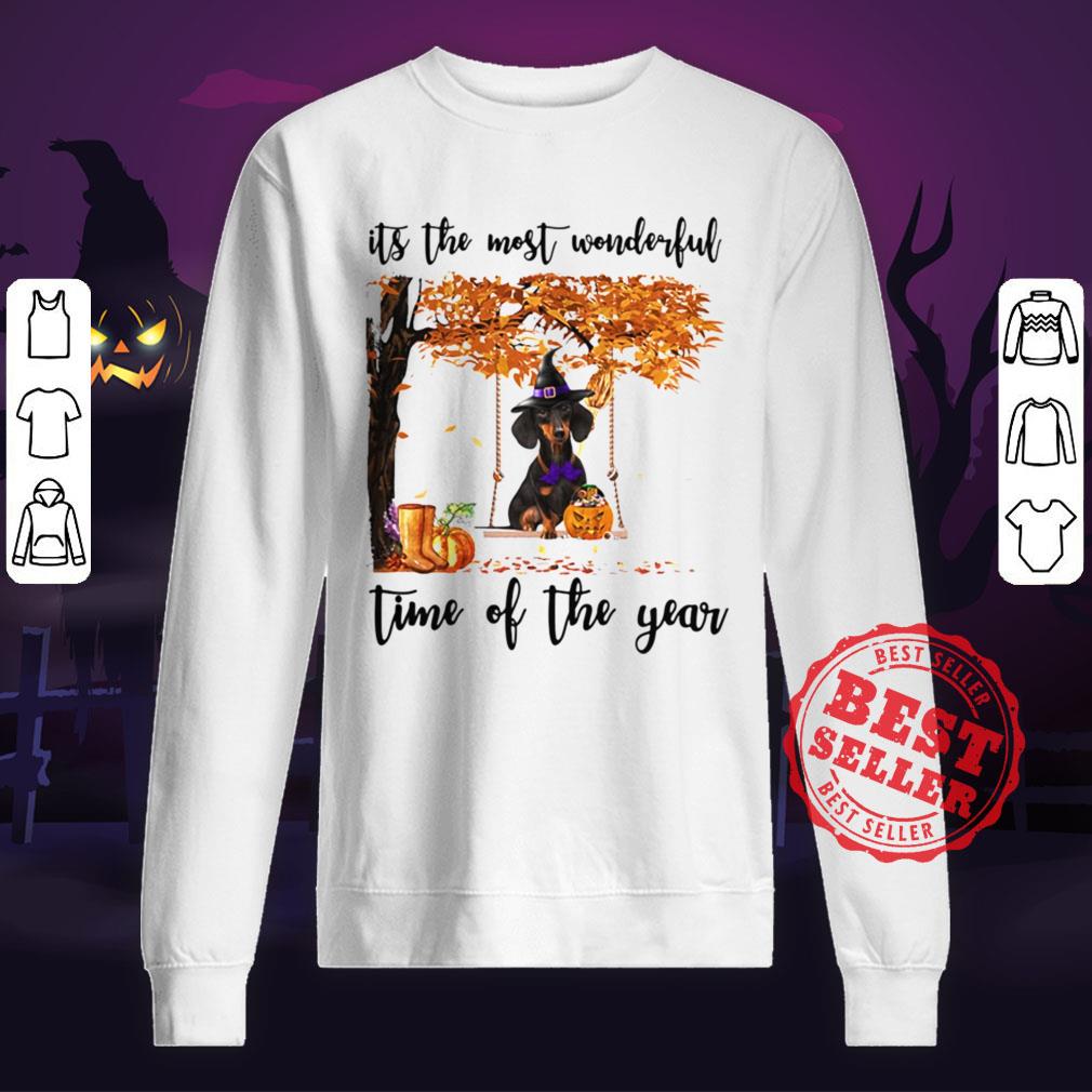 Halloween Witch Dachshund Its The Most Wonderful Time Of The Year Leaves Tree Shirt - Image 2