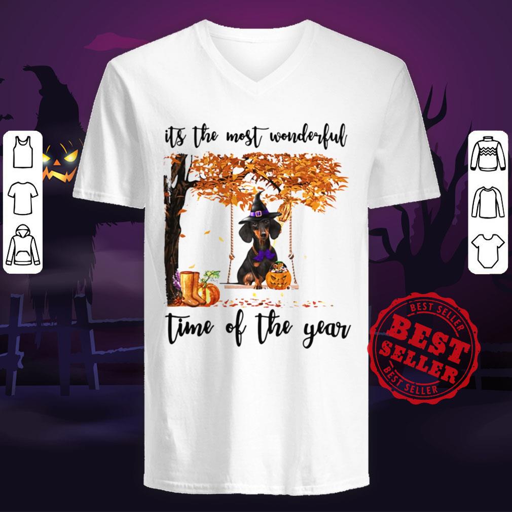Halloween Witch Dachshund Its The Most Wonderful Time Of The Year Leaves Tree Shirt - Image 4