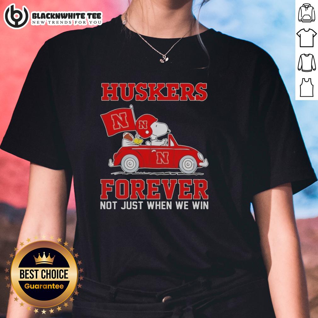Official Snoopy And Woodstock Driving Car Nebraska Huskers T-Shirt - Image 3