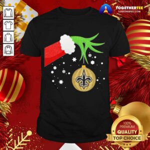 Cute The Grinch Hand Holding Ornament New Orleans Saints Christmas Sweater Shirt
