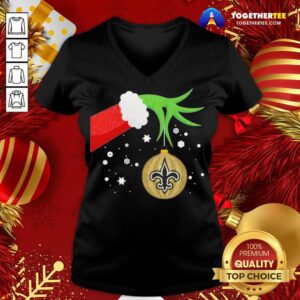 Alternative view of Cute The Grinch Hand Holding Ornament New Orleans Saints Christmas Sweater Shirt