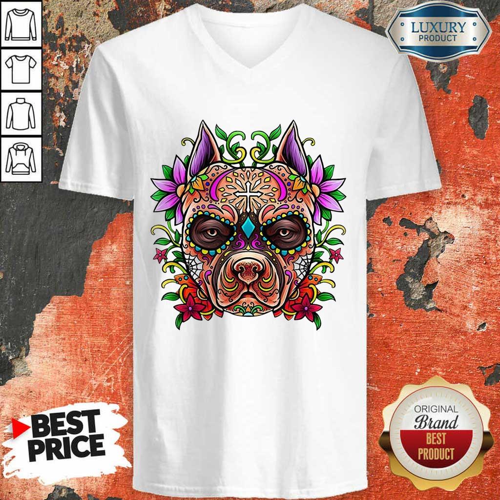 Good Pitbull Sugar Skull Day Of The Dead Holiday Cool Gift Shirt - Image 2