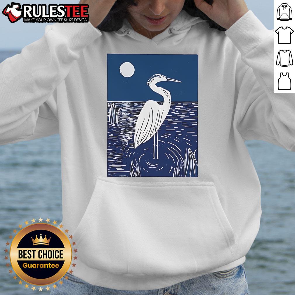 Pretty Woodcut Crested Lbis Heron Moonlight Linocut T-Shirt - Image 2