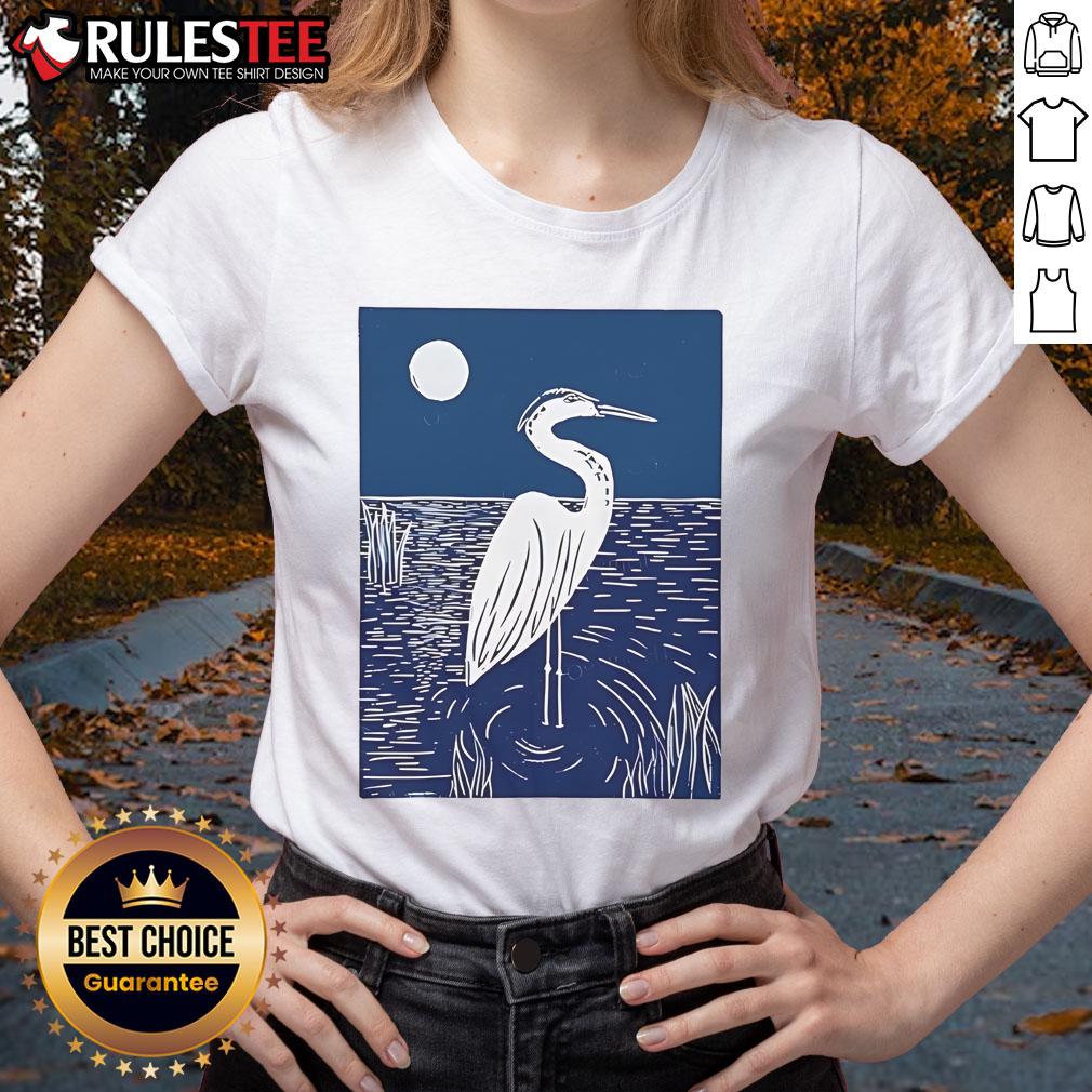 Pretty Woodcut Crested Lbis Heron Moonlight Linocut T-Shirt - Image 3
