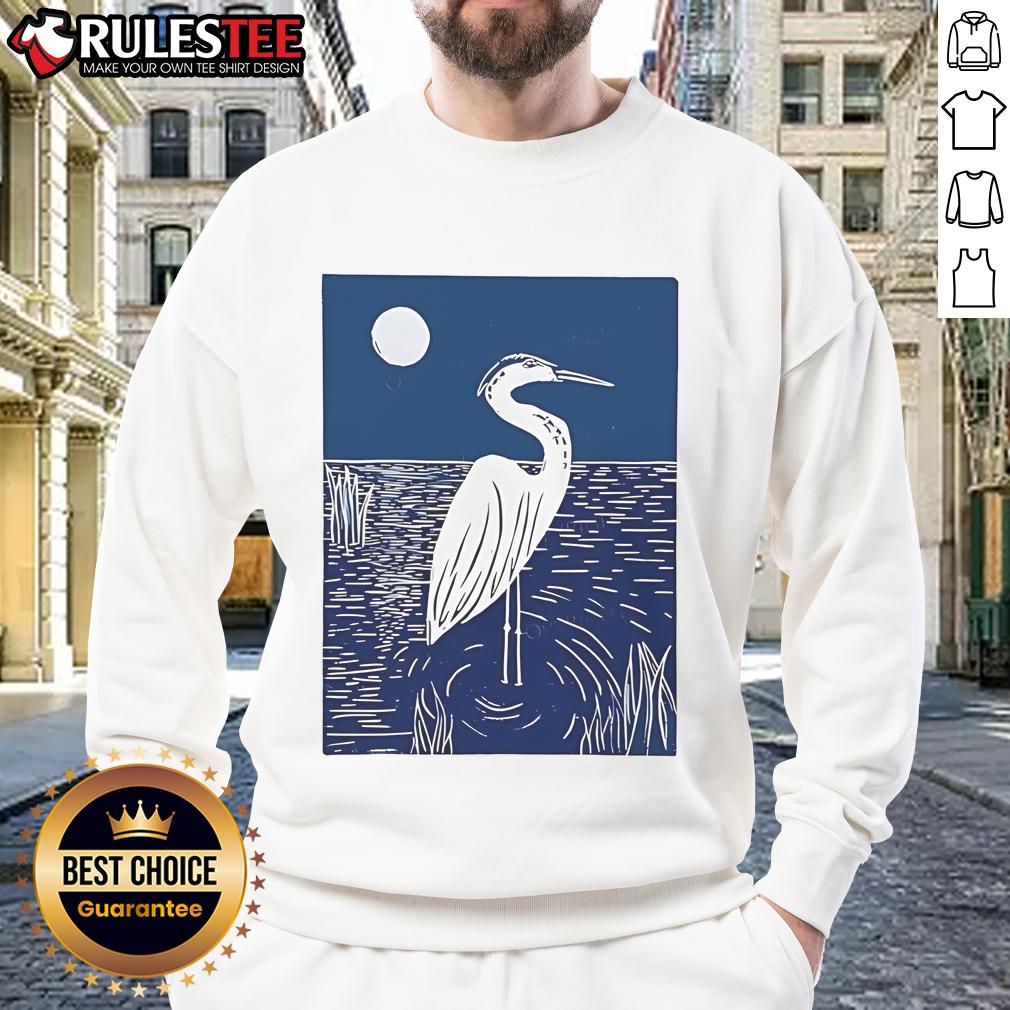 Pretty Woodcut Crested Lbis Heron Moonlight Linocut T-Shirt - Image 5
