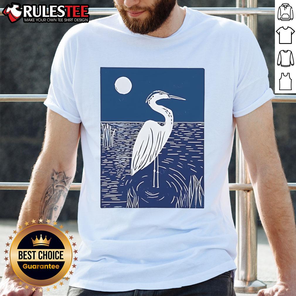 Pretty Woodcut Crested Lbis Heron Moonlight Linocut T-Shirt