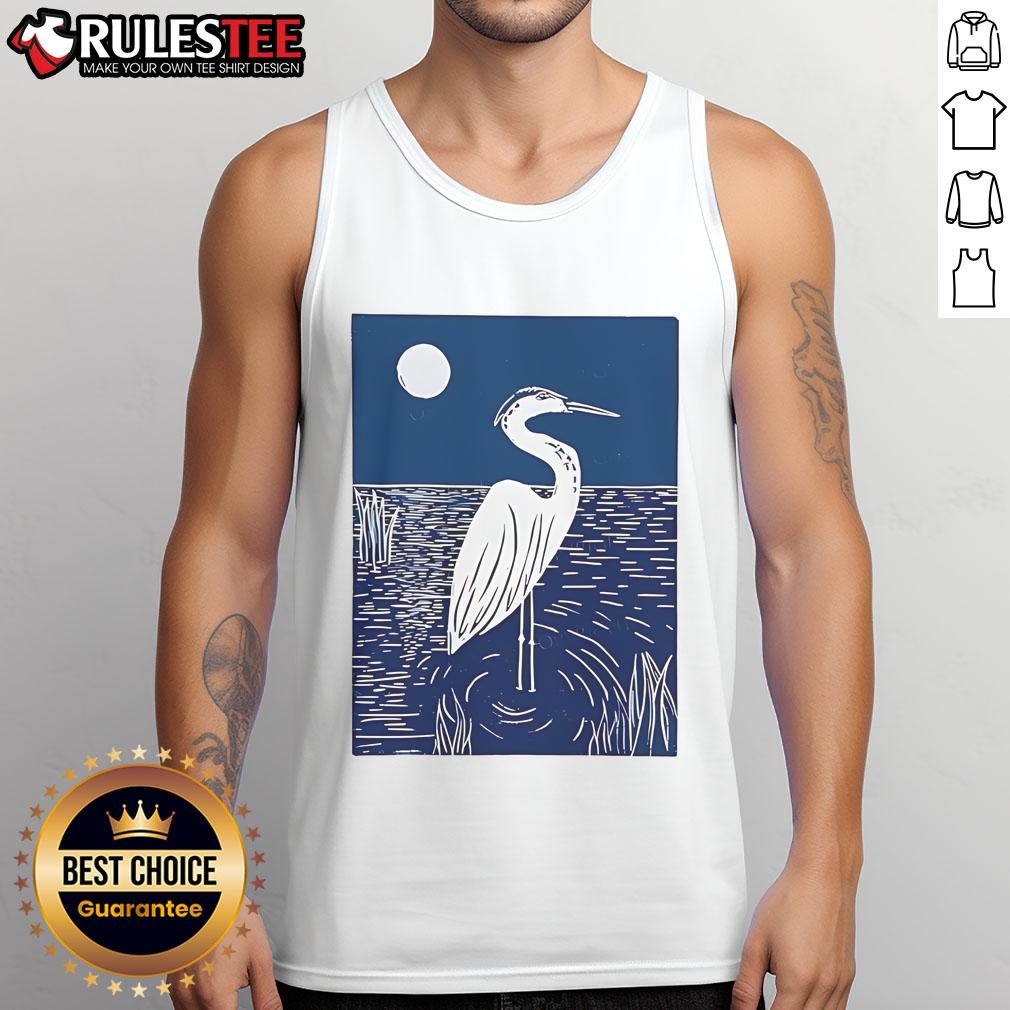 Pretty Woodcut Crested Lbis Heron Moonlight Linocut T-Shirt - Image 4