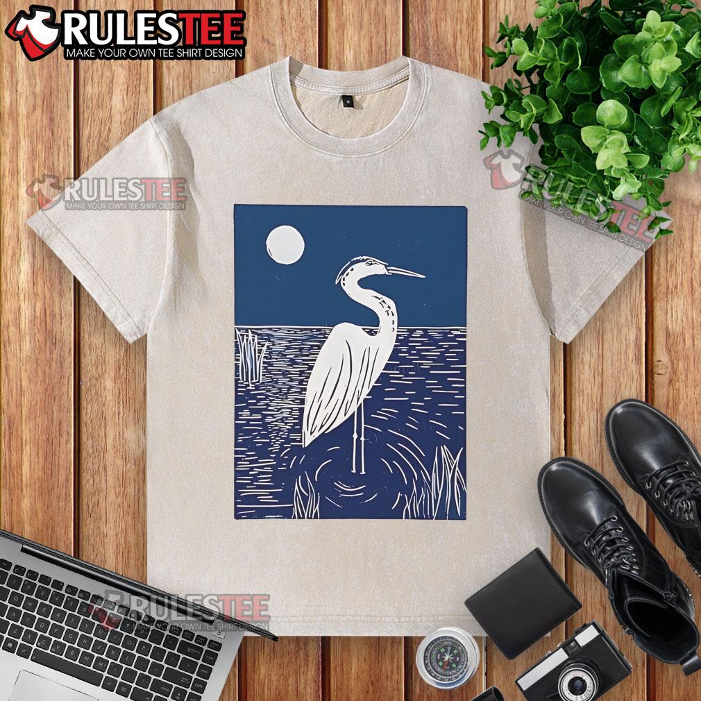 Pretty Woodcut Crested Lbis Heron Moonlight Linocut T-Shirt - Image 6