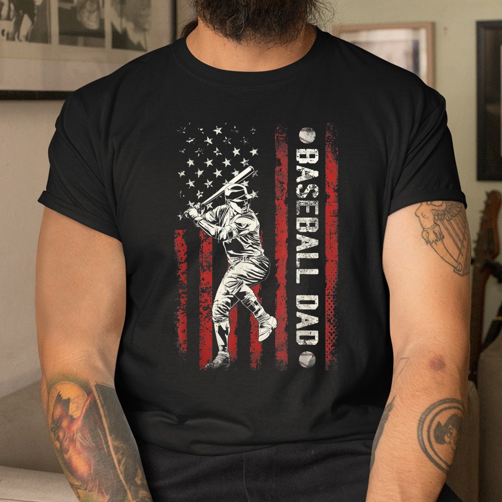Baseball Dad Flag Gifts Dad Men Baseball Fathers Day Shirt - Image 2