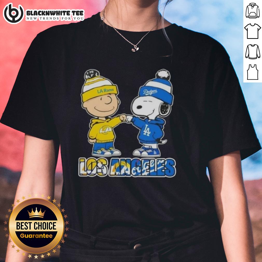 Cute Charlie Brown Fist Bump Snoopy Los Angeles Sports Rams X Dodgers T-Shirt - Image 3