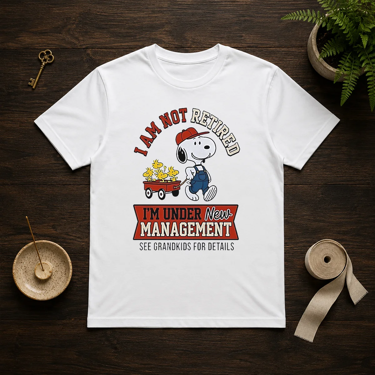 Good Snoopy I Am Not Retired I'M Under New Management See Grandkids For Details Shirt