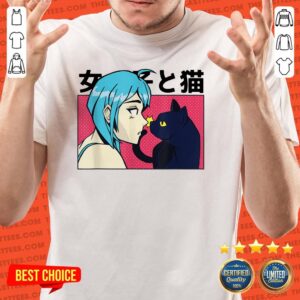 Top Japanese Anime Blue Haired Neko Girl Cute Black Cat T Shirt