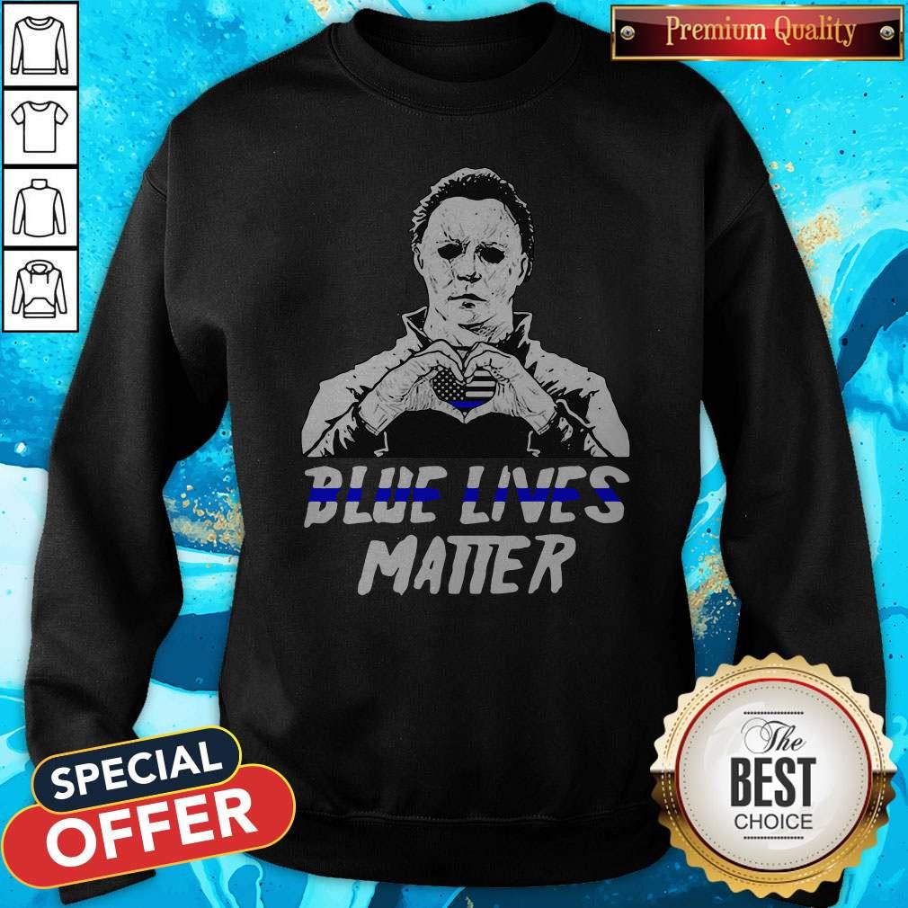 Halloween Michael Myers Blue Lives Matter Heart American Flag Independence Day Shirt - Image 5