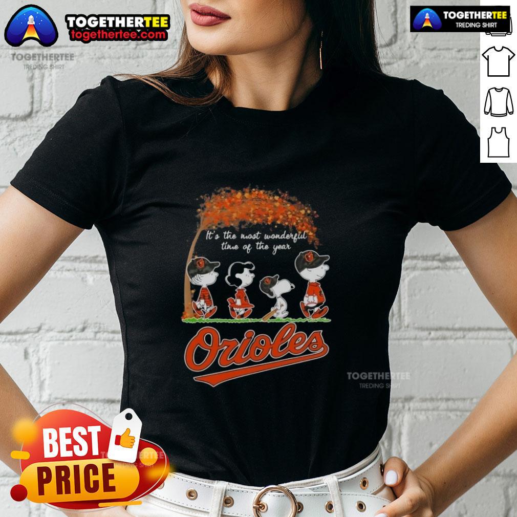 Happy Baltimore Orioles X Peanuts Snoopy And Friends Autumn It's The Most Wonderful Time Of The Year T-Shirt - Image 3