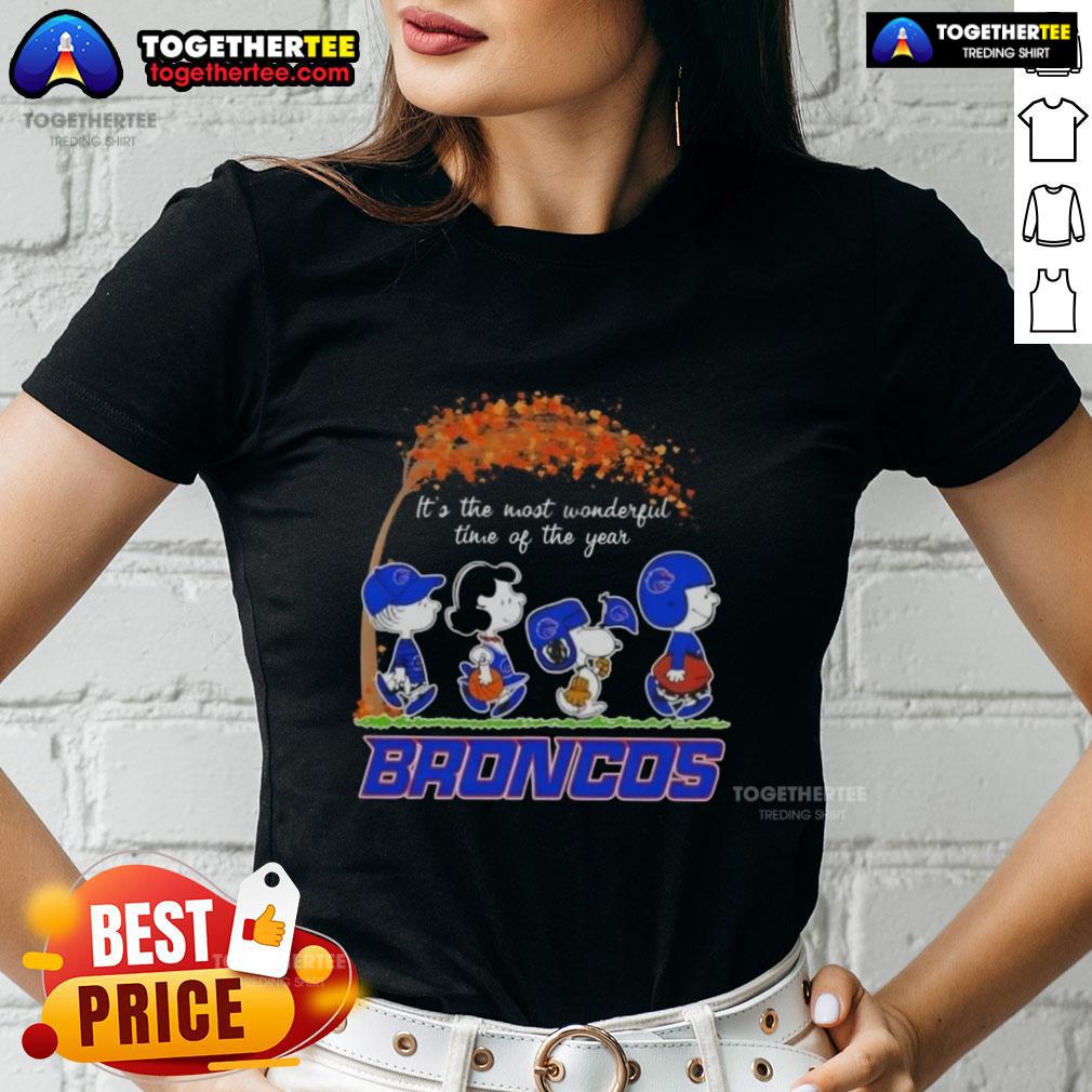 Happy Boise State Broncos X Peanuts Snoopy And Friends Autumn It's The Most Wonderful Time Of The Year T-Shirt - Image 3