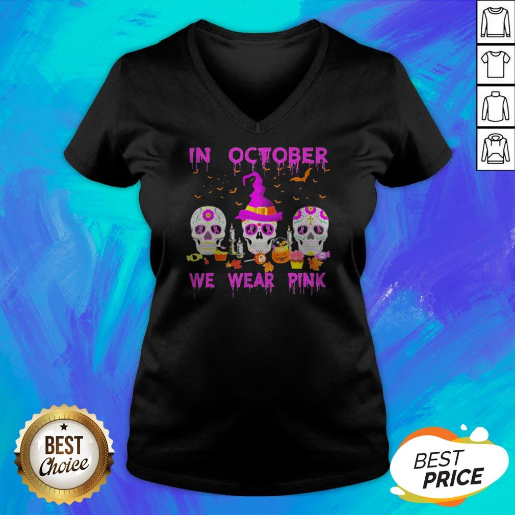In October We Wear Pink Sugar Skull Breast Cancer Awareness Halloween Shirt - Image 4