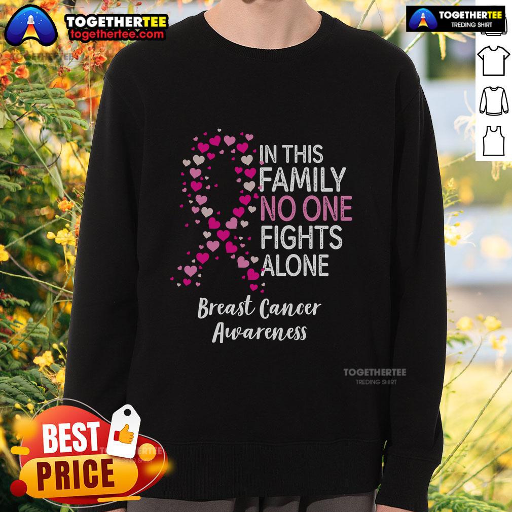 Top Breast Cancer Awareness Heart Ribbon In This Family No One Fights Alone T-Shirt - Image 5