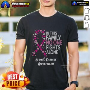 Top Breast Cancer Awareness Heart Ribbon In This Family No One Fights Alone T-Shirt