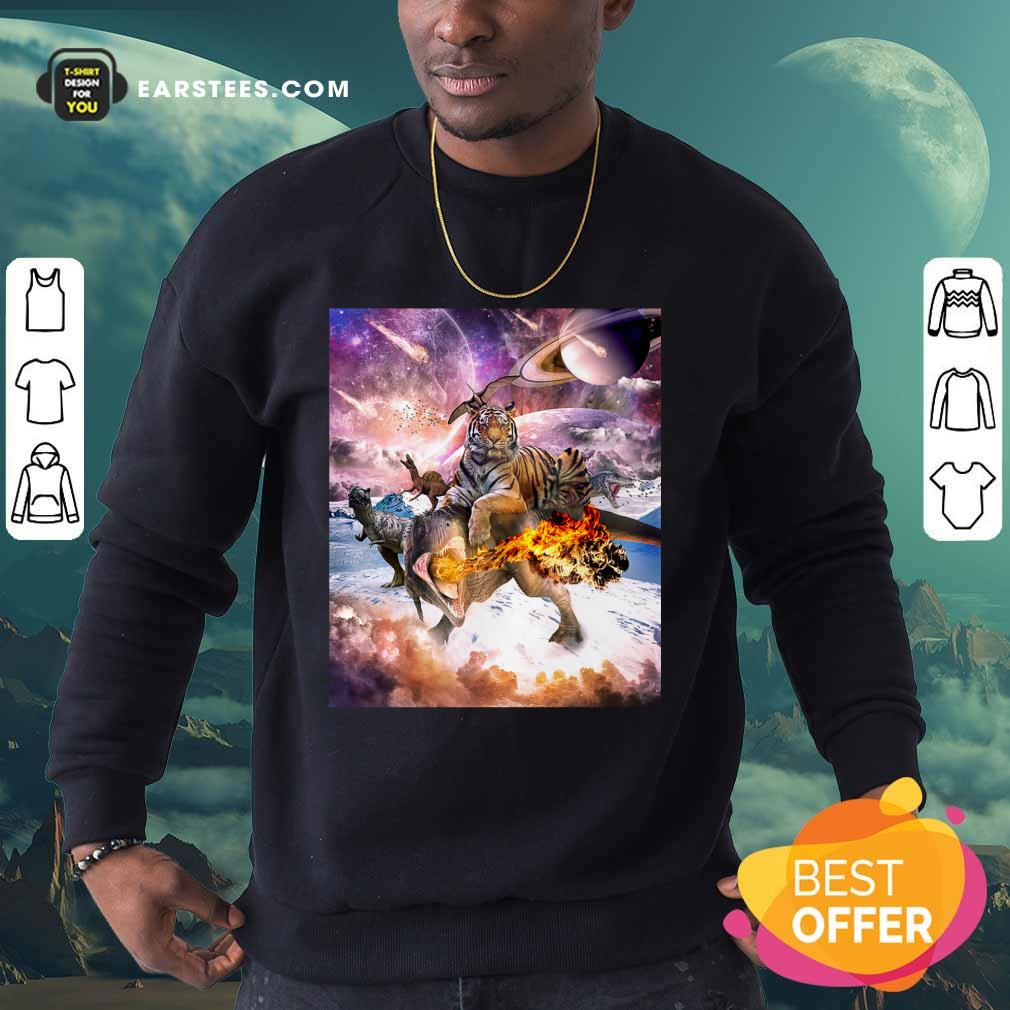 Big Cat Tiger Riding Dinosaur In Space Premium Shirt - Image 3