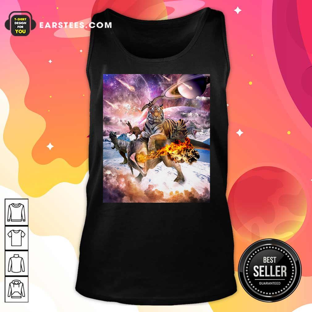 Big Cat Tiger Riding Dinosaur In Space Premium Shirt - Image 2