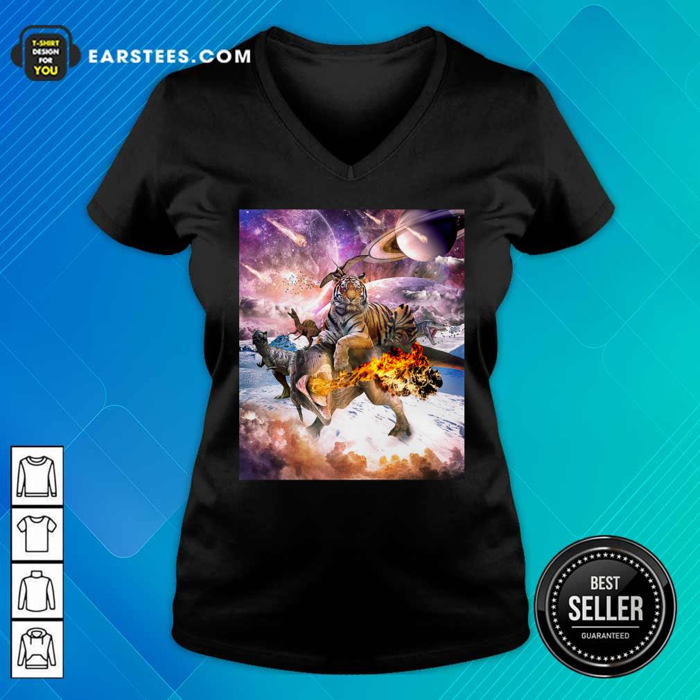 Big Cat Tiger Riding Dinosaur In Space Premium Shirt - Image 5