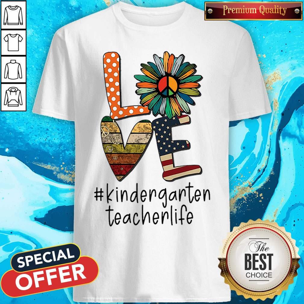 Love Sunflower Peace Sign Vintage American Flag Kindergarten Teacher Life Shirt