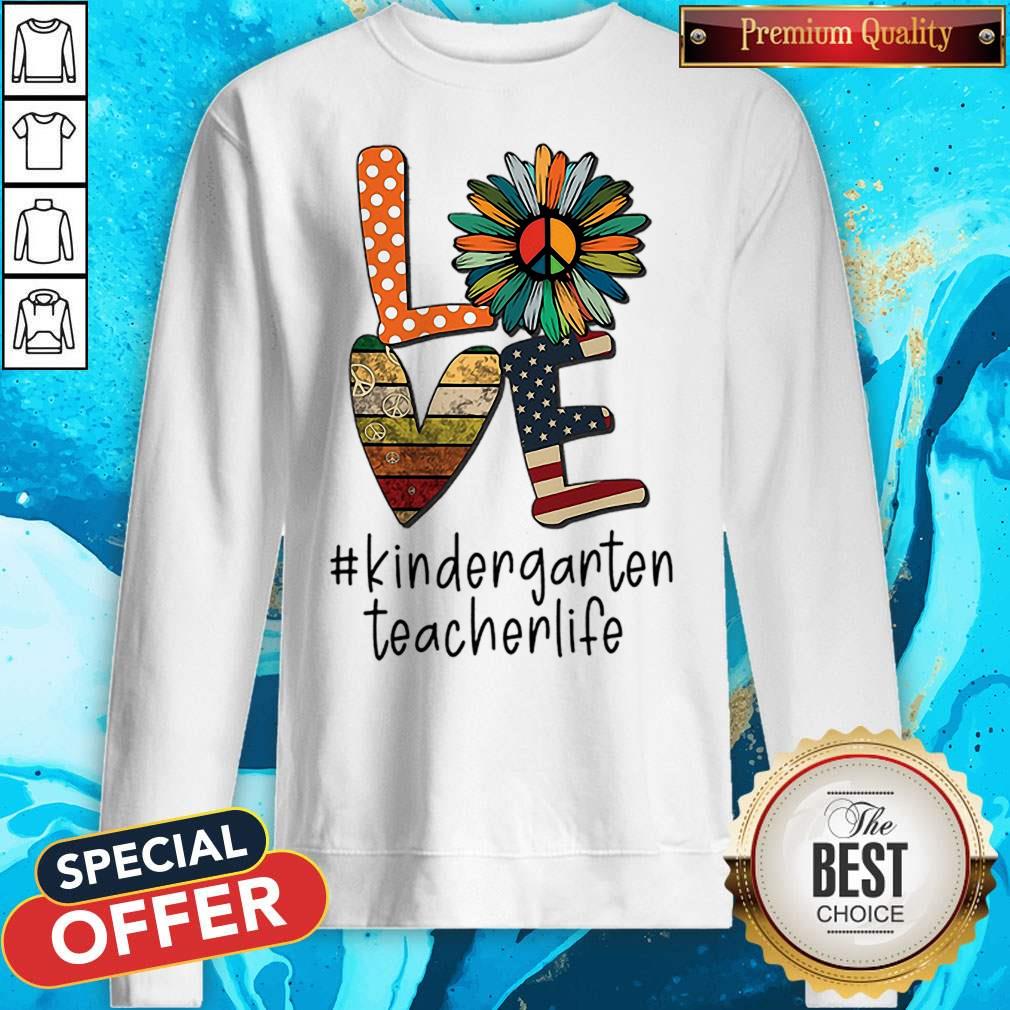Love Sunflower Peace Sign Vintage American Flag Kindergarten Teacher Life Shirt - Image 4