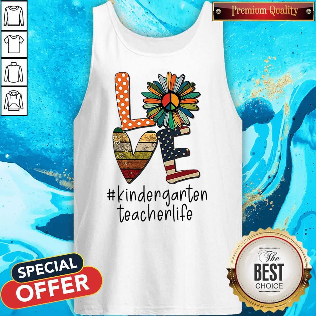 Love Sunflower Peace Sign Vintage American Flag Kindergarten Teacher Life Shirt - Image 3
