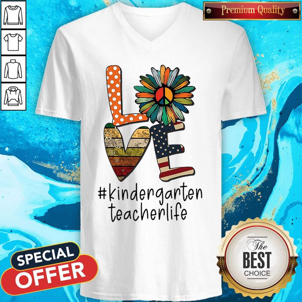Love Sunflower Peace Sign Vintage American Flag Kindergarten Teacher Life Shirt - Image 2