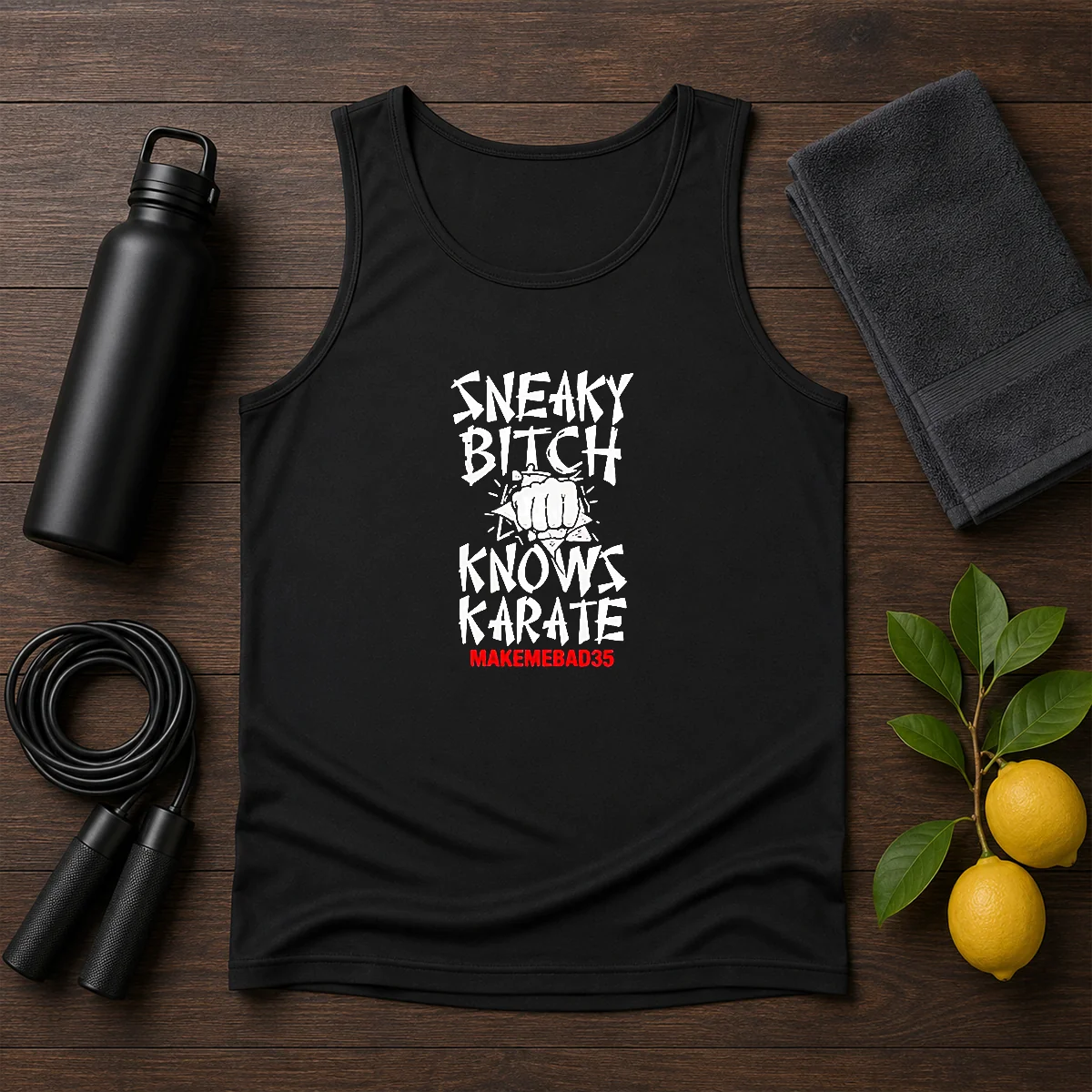 Original Sneaky Bitch Knows Karate Makemebad35 Funny Quote Shirt - Image 3