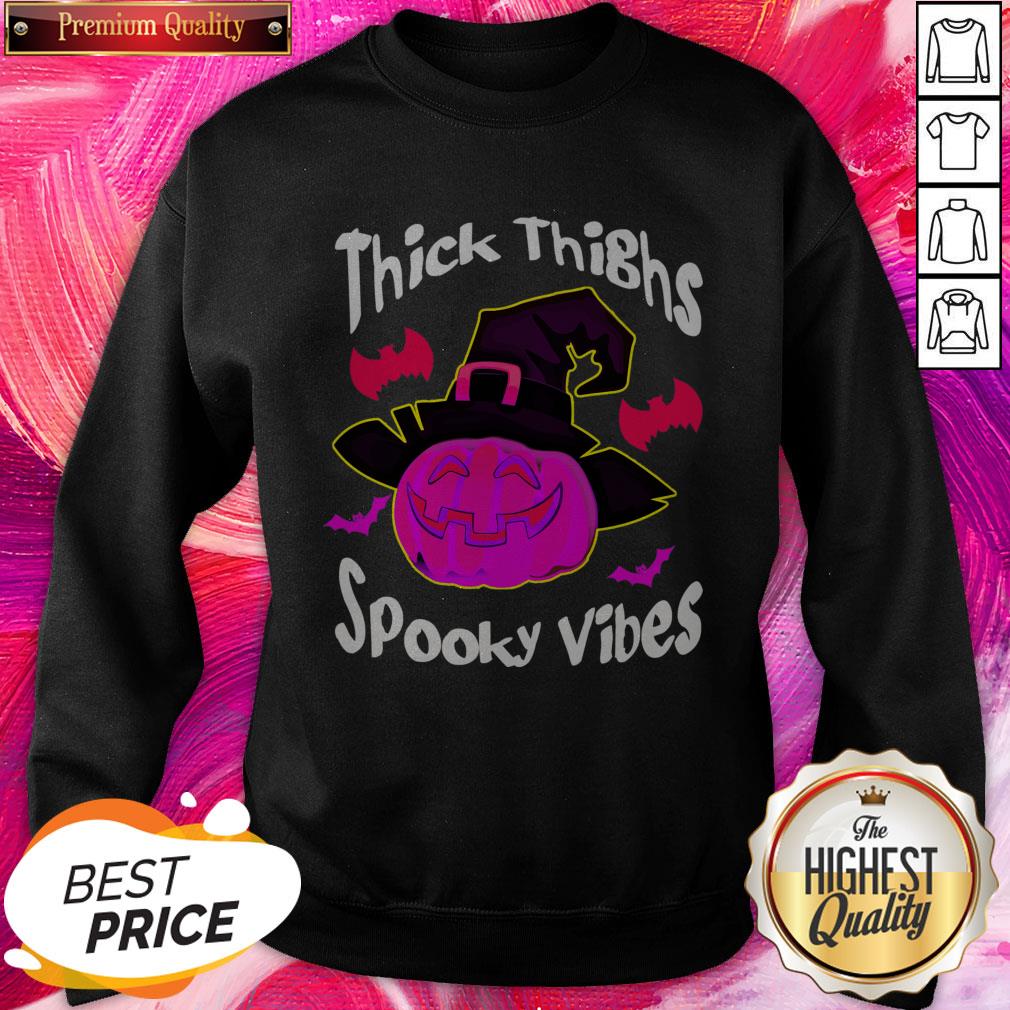 Thick Thighs Spooky Vibes Pink Pumpkin Halloween Shirt - Image 4