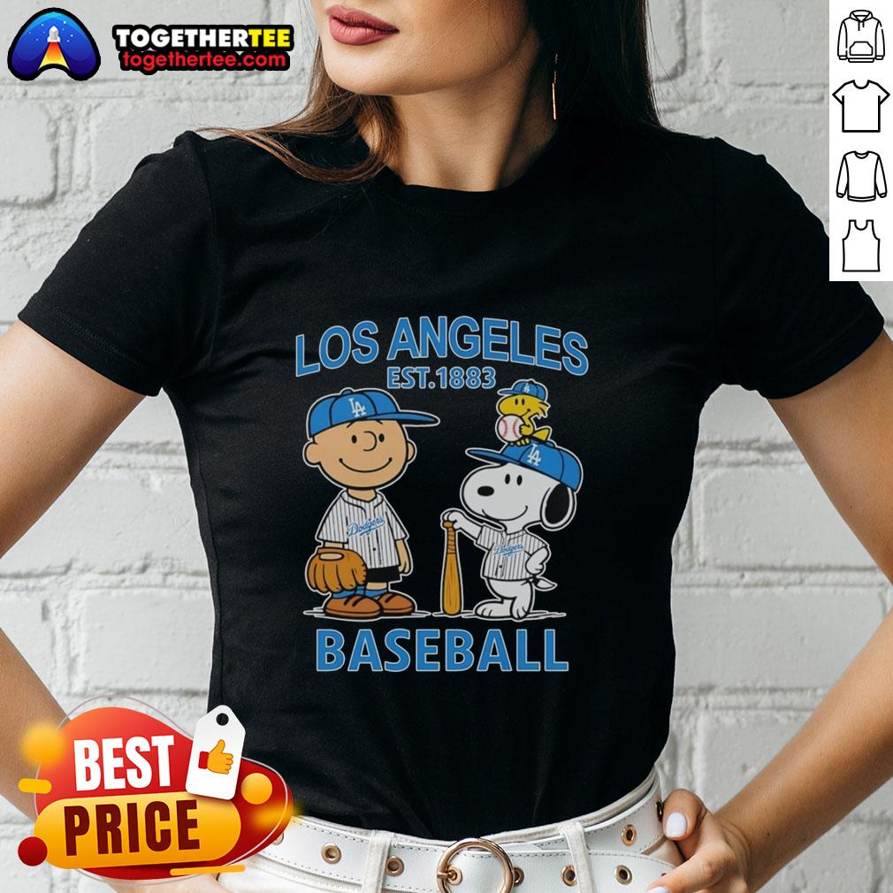 Good Charlie Brown Snoopy And Woodstock With Los Angeles Dodgers Baseball Jersey Est 1883 T-Shirt - Image 3
