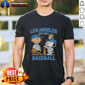 Good Charlie Brown Snoopy And Woodstock With Los Angeles Dodgers Baseball Jersey Est 1883 T-Shirt