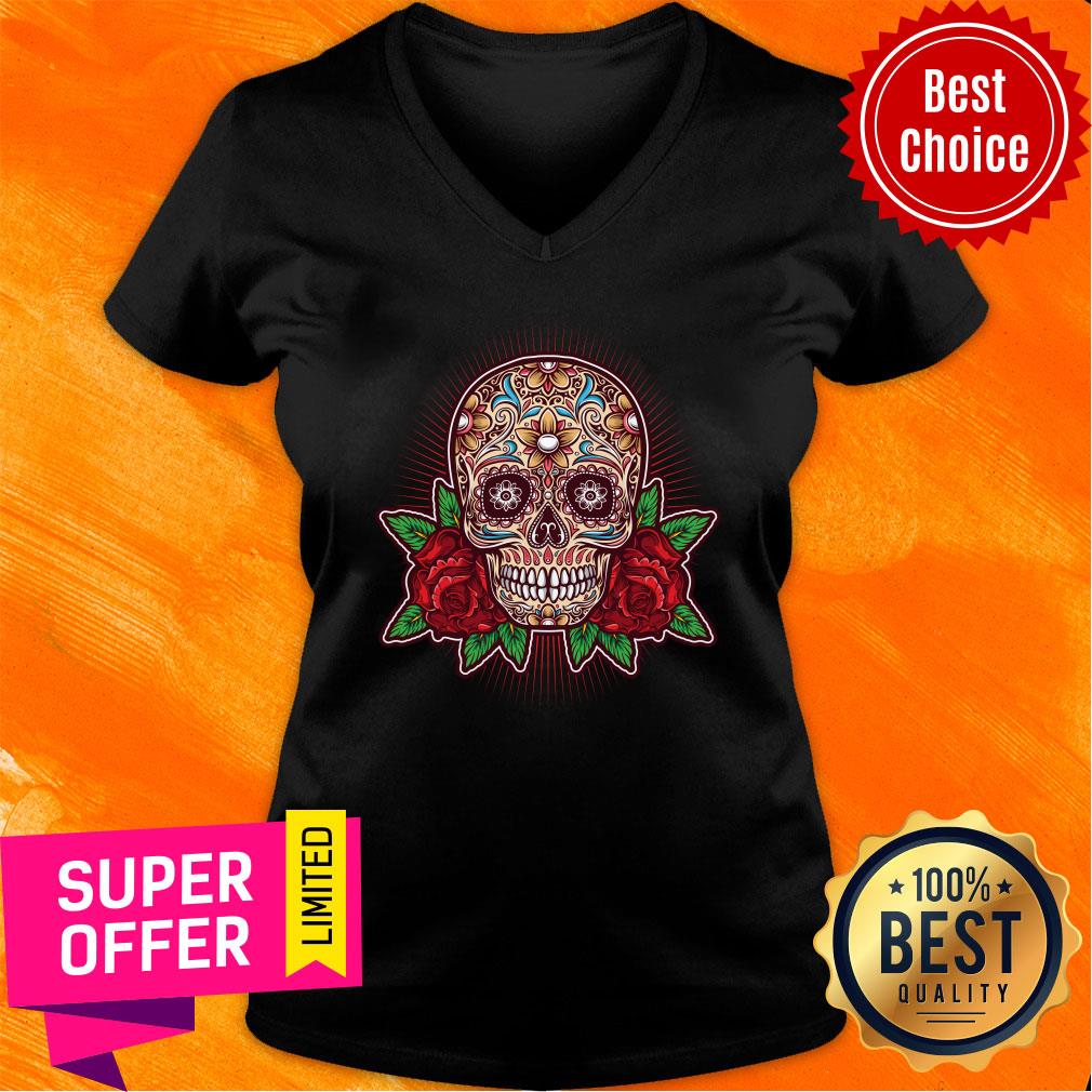 Dia De Los Muertos Mexican Holiday Rose Sugar Skull Shirt - Image 3