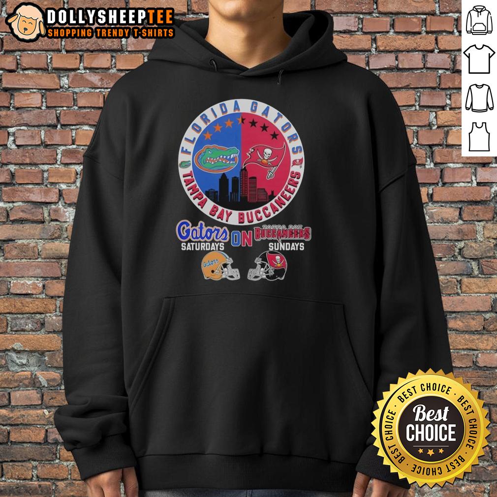 Official Florida Gators On Saturdays And Tampa Bay Buccaneers On Sundays Helmet Logo Mashup T-Shirt - Image 2