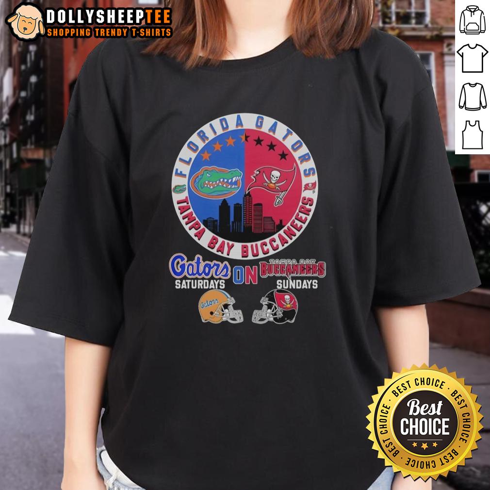 Official Florida Gators On Saturdays And Tampa Bay Buccaneers On Sundays Helmet Logo Mashup T-Shirt - Image 3