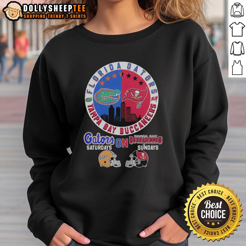 Official Florida Gators On Saturdays And Tampa Bay Buccaneers On Sundays Helmet Logo Mashup T-Shirt - Image 5