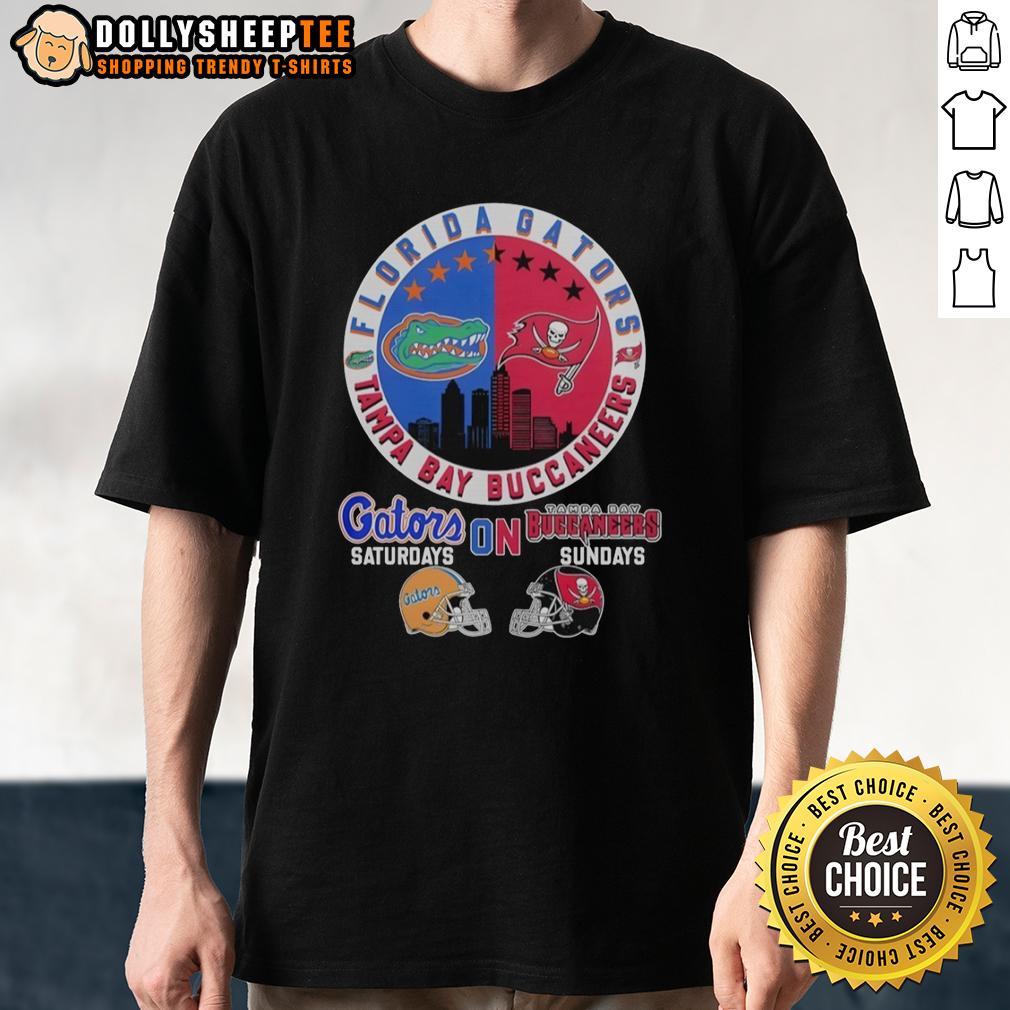 Official Florida Gators On Saturdays And Tampa Bay Buccaneers On Sundays Helmet Logo Mashup T-Shirt