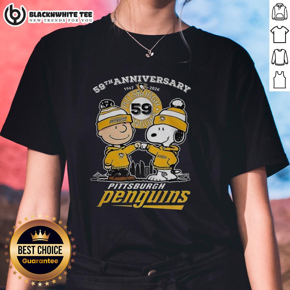 Awesome Snoopy Touch Hands Charlie Brown Pittsburgh Penguins 59th Anniversary 1967-2026 T-Shirt - Image 3