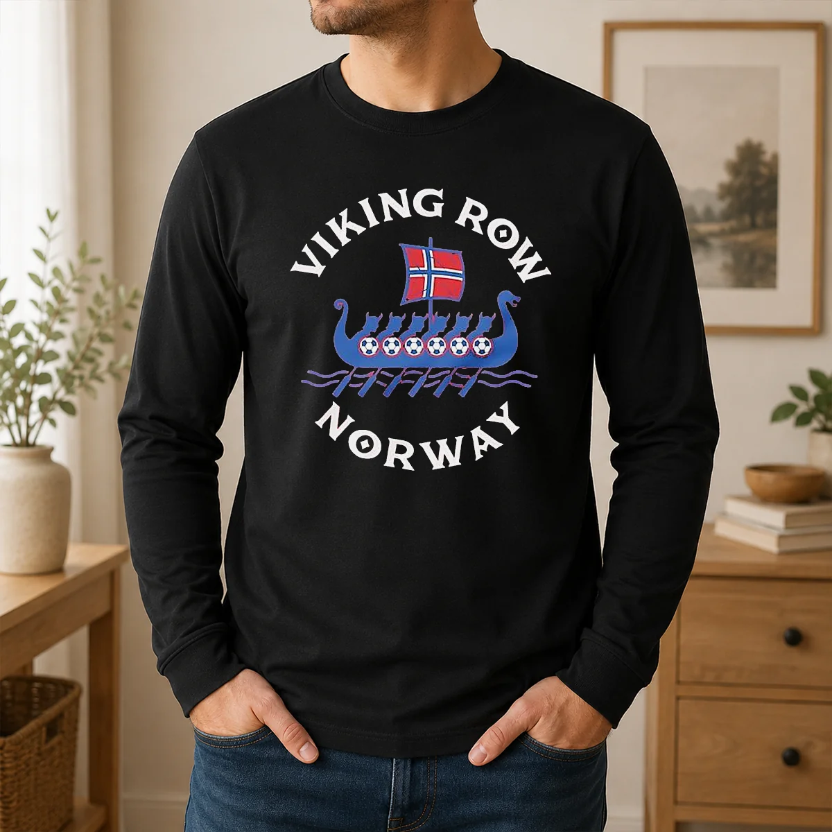 Top Viking Row Noway Ship With A Norwegian Flag Sail And Soccer Balls Along The Side Shirt - Image 6
